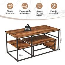 Mesa de centro de dos piezas, mesa auxiliar, aspecto mármol, estructura y estante de metal, mesa de centro, mesa de sala de estar, mesa de sofá, adecuada para sala de estar, dormitorio, madera y negro - Madera y negro - Ver 7