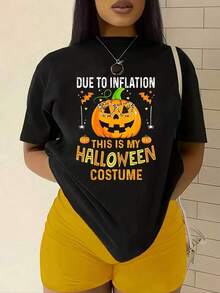 Plus Size Women's Short Sleeve Cotton Halloween T-Shirt With Pumpkin Pattern, Funny Halloween Tee, Casual Short Sleeve Crew Neck, Halloween Clothing, Seasonal Fashion, Women's Clothing - 黑色 - 查看 1