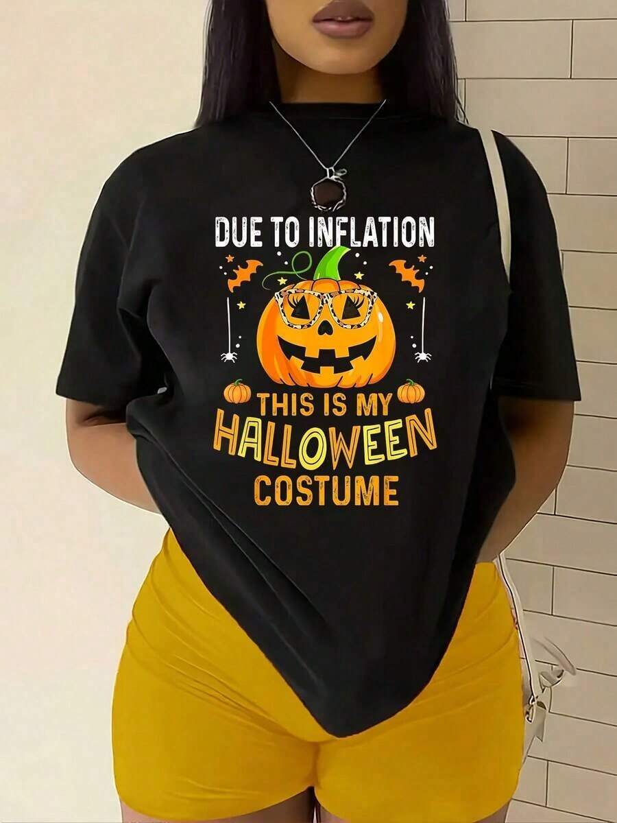 Plus Size Women's Short Sleeve Cotton Halloween T-Shirt With Pumpkin Pattern, Funny Halloween Tee, Casual Short Sleeve Crew Neck, Halloween Clothing, Seasonal Fashion, Women's Clothing - 黑色 - 查看 1