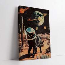 【复古太空宇航员海报】复古太空宇航员与黑猫帆布艺术印刷品，现代复古风格动物主题装饰艺术海报，可选画框，喷墨印刷，适用于客厅、卧室、家庭办公室、浴室、厨房等空间，室内/室外四季皆宜，带框墙面装饰 - 彩色 - 查看 2