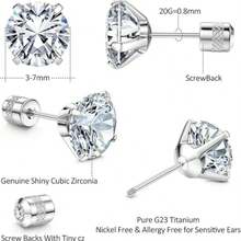 Hypoallergenic G23 Implant Grade Titanium Screw Back Earrings 20G Pure Titanium Post For Sensitive Ears 5A Cubic Zirconia Titanium Earring Studs For Women Men Double Side Earrings Piercing Sleeper Studs Jewelry