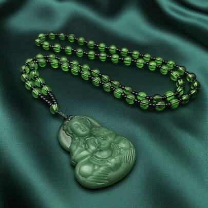 1pc Exquisite Glass Carved Guanyin Buddha Pendant Necklace - Unique Resort Accessory - Versatile Long Sweater Chain, Collarbone Chain Pendant Necklace, Couples Necklace, Green Jade Amitabha Guanyin Buddha Pendant Necklace Neck Decor
