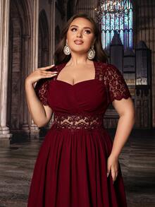 QOQ 高贵大码女士正式礼服优雅晚礼服派对礼服，适合生日派对、晚宴、婚礼宾客，蕾丝泡泡袖雪纺礼服，情人节 - 酒紅色 - 查看 6
