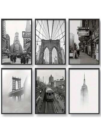 1 件无框黑白复古风格纽约城市天际线海报，经典客厅卧室办公室墙壁画