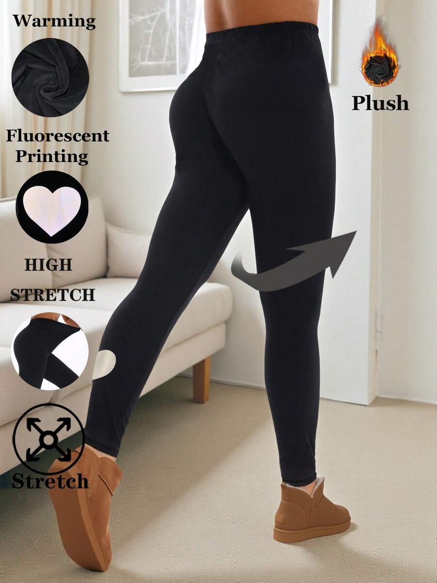 Women's Thermal Lined Black Leggings, Fashionable & Casual, With Heart Reflective & Fluorescent Print, Elegant Stretchy Skinny Pants For Home, Workout, Yoga, Fitness, Outdoor, Casual Wear, Gifts