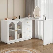 Large Extendable Makeup Vanity Desk, Corner Vanity Table With 3 Drawer & 2 Door, Modern Dressing Table And Chest Of Drawers Combo, Accent Vanity For Bedroom, Dressing Room - White - View 2