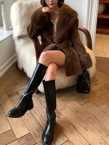 女士纯色长袖仿毛领系腰圣诞外套休闲冬季 - 咖啡棕 - 查看 2