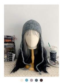 1 件法式结领针织帽，秋冬季女士柔软温暖针织帽，装饰性貂绒领带护耳针织帽，可爱渔夫帽 - 彩色 - 查看 12