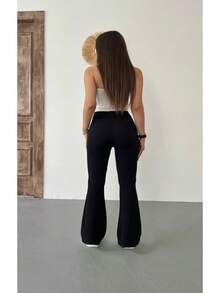 女款高腰萊卡彈性喇叭褲 - 黑色 - 查看 4