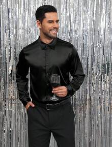 Mens Silk Satin Shirts Long Sleeve Button Down Loose Fit Dress Shirt Luxury Party Prom Wedding Shirtshalloween - màu đen - Xem 8
