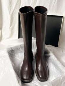 Women's Brown Side Zipper Knee-High Boots, New Winter Slim Fit Chunky Heel Chelsea Riding Boots,Party