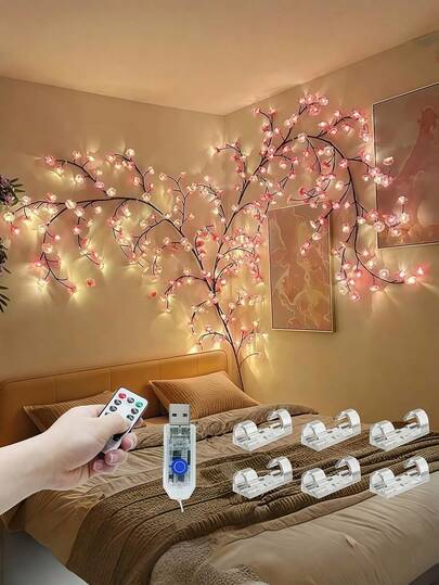 96 LED Cherry Blossom Tree Branch Wall Light With Remote Control & Timer, 8 Lighting Modes, Flexible Willow Twig Shape, Floral Wall Decor, Suitable For Bedroom, Home, Spring Decoration