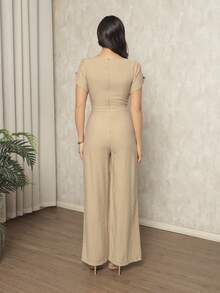 Women's Jumpsuit In Plain Marrant, Pocket, Pantaloons With Petal Sleeves, Simple Pocket Office - 米色 - 查看 3