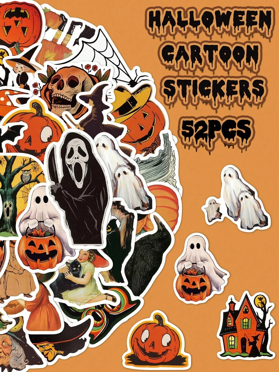 [Halloween Limited Edition]52PCS Halloween Decorative Stickers, Including Ghosts, Pumpkin Heads, Skeletons, Etc. A Practical Halloween Gift, Suitable For Decorating Phone Cases, Notebooks, Laptops, Diaries, Water Cups, Etc.