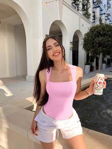 OQQ 3 Piece Bodysuits For Women Sexy Ribbed Strappy Square Neck Stretch Tank Tops Bodysuits - 黑,米,粉紅色 - 查看 4