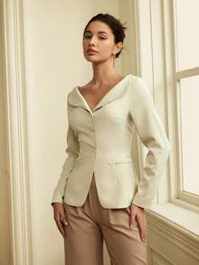 Women's Solid Color Elegant Curved Waist Blazer - Apricot - View 4