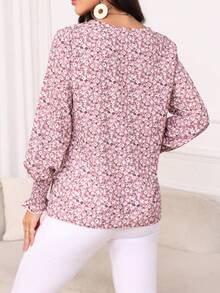 Autumn And Winter Women's Button Up Shirt With Cuffs Wrapped And Long Sleeves, Small Floral V-Neck Top