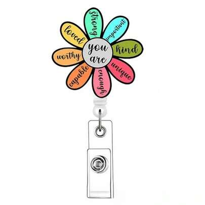 1pc Creative Flower Design Retractable Badge Reel With Inspirational Words - ID Card Holder For Nurses, Doctors, Volunteers, And Staff Accessories