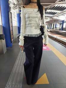Grunge Off Shoulder Tops Women Long Sleeve Fitted 2000s Goth Emo Music Shirt Teen Girls Vintage Y2k Graphic Tee - trắng - Xem 4