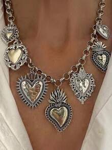 1pc Retro Religion, Multiple Sacred Heart Pendants, Necklaces, Silver Chains, Personalized Design Sense, Women's Accessories, Fashionable Items For Parties