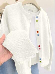 Cárdigan informal de manga larga con botones de colores, cuello redondo, para mujer de talla grande, para otoño e invierno