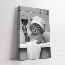 1 件，可爱的浴室小猫壁饰，浴缸里喝红酒的猫咪，黑白简约风格搞笑动物海报，浴室装饰，戴着浴帽的小猫，黑白动物图案适合浴室装饰，厕所装饰 - 可选框架，带框架的壁饰 - 彩色 - 查看 2