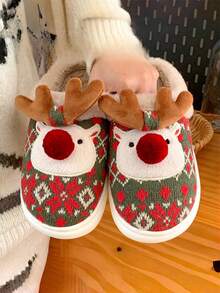 Pantuflas de felpa cálidas con puntera redonda con diseño de reno de Navidad, pantuflas interiores lindas con renos, regalo de Navidad versátil y de moda