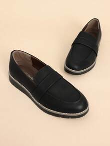 Women Loafers Arch Support Slip-On Round Toe Wedge Heel Loafers Classic Style Comfortable Business Casual Work Daily Shoes - 黑色/PU - 查看 4