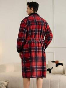 Black & Red Plaid Christmas Shawl Neck Flannel Casual Robe With Belt For Men, Autumn/Winter, Fluffy, Cozy