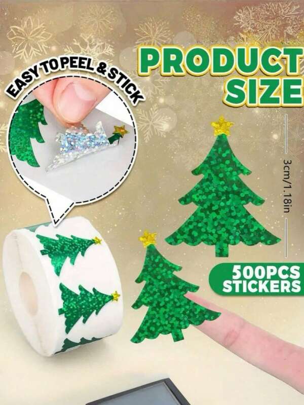1 zestaw (500 arkuszy każdy) rolek naklejek świątecznych z motywem choinki, grawerowane laserowo samoprzylepne naklejki choinkowe, jasnozielone, wodoodporne, odpowiednie do dekoracji świątecznych, kopert, dzienników i akcesoriów imprezowych, naklejki świąteczne, dekoracje do dzienników, jasnozielone naklejki, wodoodporne naklejki