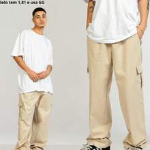 Calça Cargo Bege larga masculina estilo baggy hiphop streetwear - Bege - Visão 4