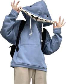 Women Cute Shark Hoodie Long Sleeve Blue Kawaii Animal Shark Shape Hooded Pullover Sweatshirts - 藍色 - 查看 7