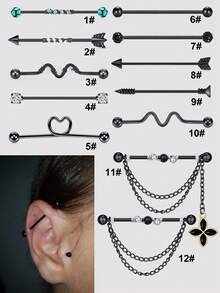 Black Industrial Barbell Earrings, Stainless Steel Cubic Zirconia Industrial Bar Piercing, Punk Long Flexible Cartilage Helix Piercing Earrings For Woman Man, Spiral Piercing Jewelry Party Daily Wear Night Out Social Gift