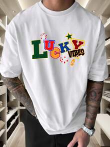 Round Neck Blue T-Shirt with LUCKY VIBES Colorful Lettering and Star Design for Casual Wear - Blanco - Ver 2