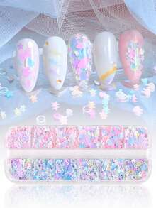 12 件美人鱼彩色字母、星星、蝴蝶美甲亮片装饰混合，包括浅色星星、圆圈、心形薄片，DIY 美甲用品