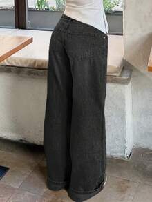 MYOURSA Quần Jeans Ống Rộng Baggy Cạp Thấp Phong Cách Đường Phố Thường Ngày Giặt Sạch Vintage - Màu xám đen - Xem 4