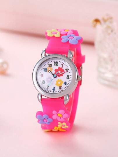 1pc Kids Pink PVC Strap Fashionable Butterfly Pattern Round Dial Quartz Watch, For Daily Decoration