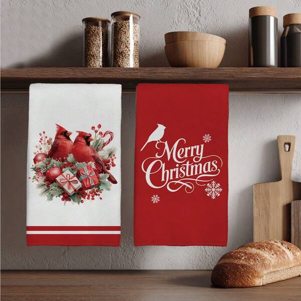 MEMNUN 2pcs Christmas Red Bishop Bird & Merry Christmas Text Illustration Printed Kitchen Towels, 15.75*23.62in (40*60cm) Super Soft Absorbent Microfiber Dish Towels, Hand Towels, Dish Cloths, Home & Kitchen Decor, Cooking Baking Tea Towels, Kitchen Accessories, Machine Washable, Suitable For Restaurant, Kitchen, Christmas Holiday Decoration And Gifts, All Season