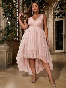 大碼深V領高低下擺網紗洋裝 - 藕粉色 - 查看 3