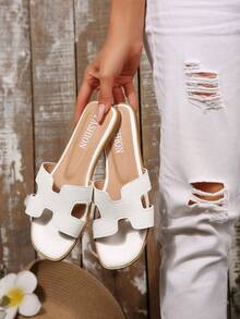 新款女士时尚优雅镂空PU皮沙滩凉鞋，春夏穿搭 - 白色 - 查看 4