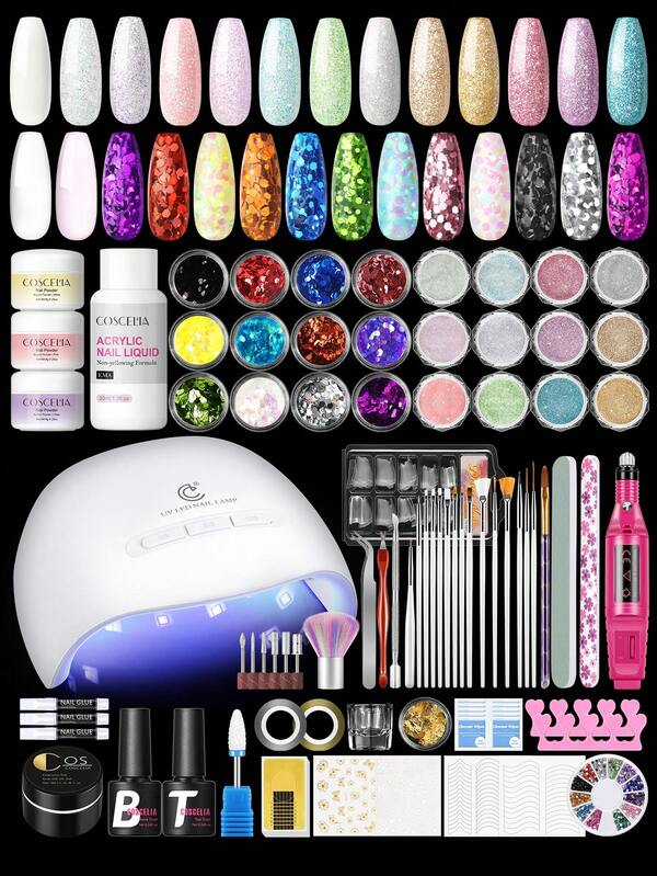 COSCELIA Acrylic Nail Kit With Everything Acrylic Nail Powder And Acrylic Liquid Set Nail Lamp Nail Drill Base And Top Coat Acrylic Nail Supplies For Beginner For Home Salon Gift Set Suitable For Summer Vacation
