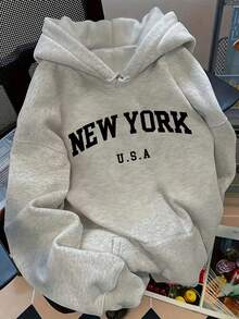 Women's Hoodie - NEW YORK U.S.A. Lettering Pullover Sweatshirt, Light Grey Hooded Sweater For Graduation,, Everyday Casual Outfits - Machine Washable Non-Stretch Fabric, Sweatshirt Hoodie, Attire, Relaxed Fit, Soft Fabric - 灰色 - 查看 1