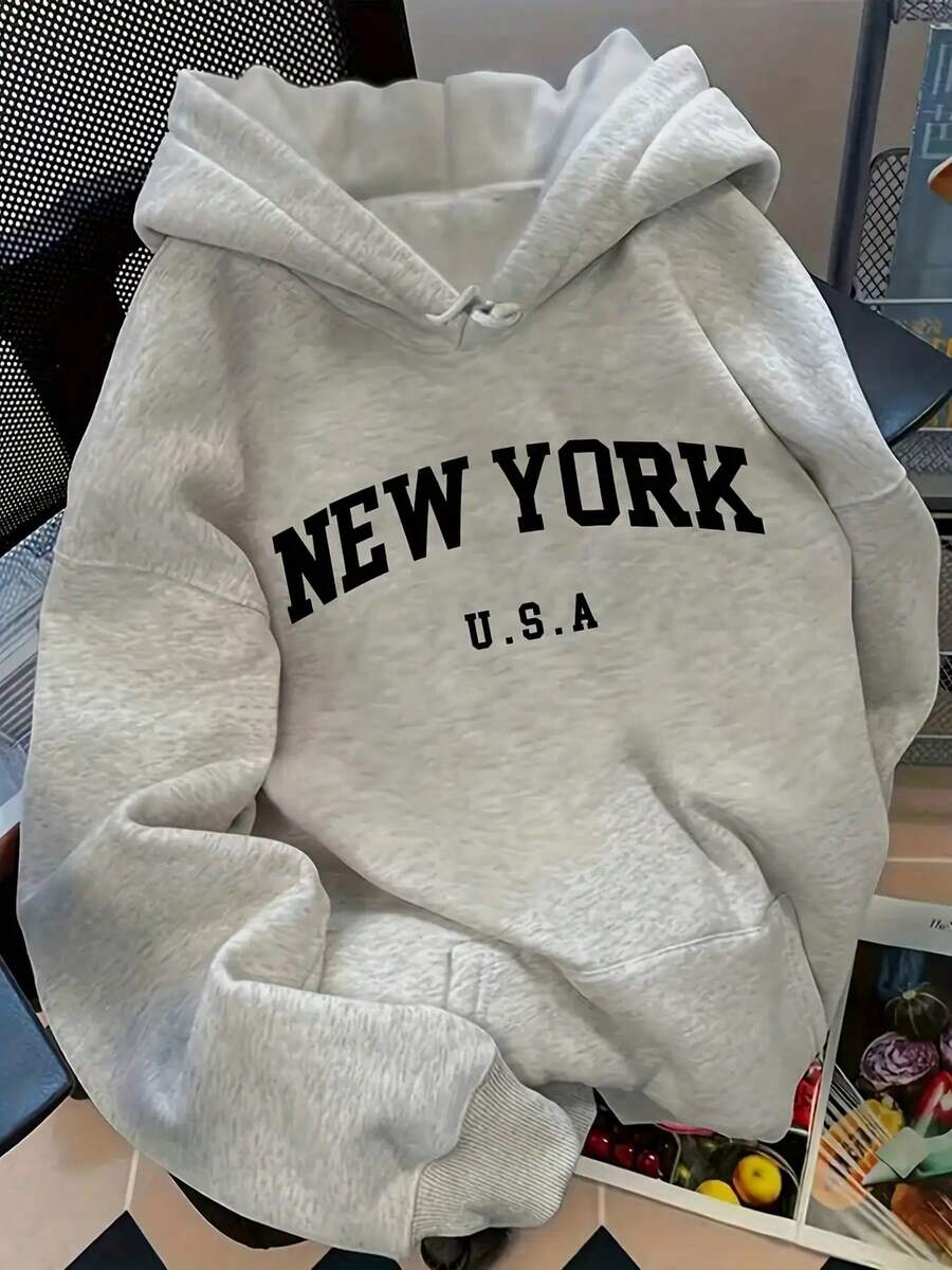 Women's Hoodie - NEW YORK U.S.A. Lettering Pullover Sweatshirt, Light Grey Hooded Sweater For Graduation,, Everyday Casual Outfits - Machine Washable Non-Stretch Fabric, Sweatshirt Hoodie, Attire, Relaxed Fit, Soft Fabric - 灰色 - 查看 1