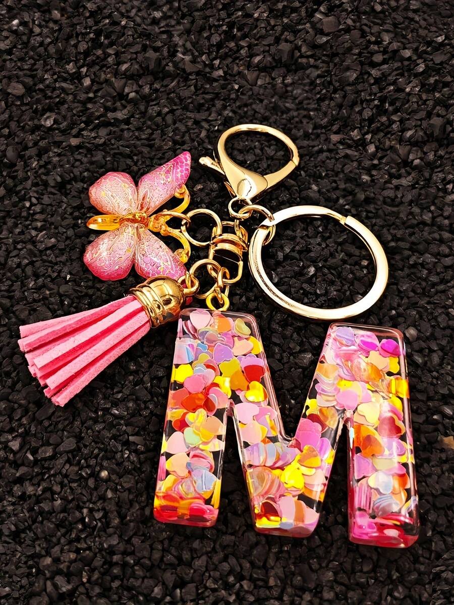 1 chiếc móc khóa chữ cái bằng nhựa pha lê hoa khô mới, móc khóa, móc khóa Unisex, phụ kiện xe máy, móc khóa ba lô, mặt dây chuyền túi xách, móc khóa bướm tua rua, thích hợp cho túi xách, chìa khóa, ô tô, xe máy, quà tặng túi quà Giáng sinh cho giáo viên, bạn bè, chị em - Hồng - Xem 1