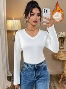 Women's Long-Sleeved Shirt V-Neck Basic Top Lightweight Bottoming Slim Top