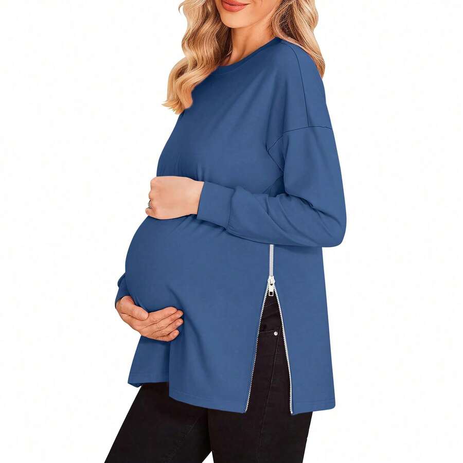 Women's Maternity Shirts Long Sleeve Sweatshirt Zipper Split Side Pregnancy Casual Tunic Top - 藏蓝色 - 查看 1
