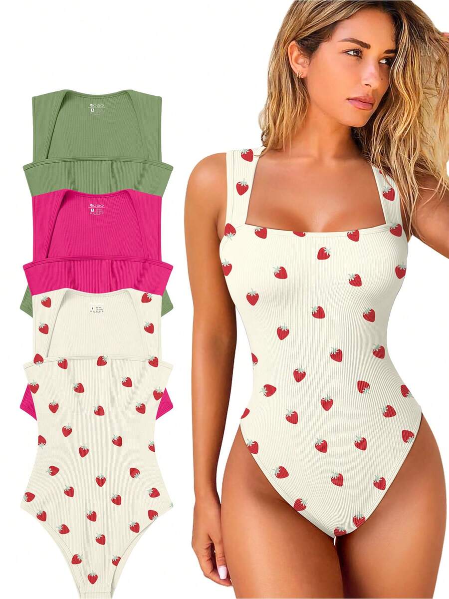 OQQ 3 Piece Bodysuits For Women Sexy Ribbed Strappy Square Neck Stretch Tank Tops Bodysuits - Pea green,Rose3,Strawberry Beige - 查看 1