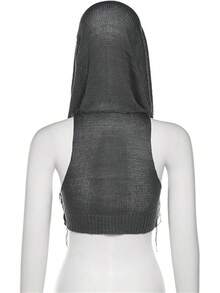 Women Knitted Hoodie Sweater Vest Sleeveless Hollow Out Hooded Crop Top Streetwear Rave Oufit - Gray - 查看 5