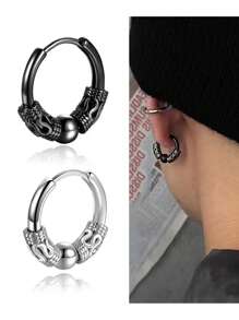 2 件朋克风格不锈钢丝圈形耳环，男女通用，日常佩戴 - 1對耳圈 - 查看 6