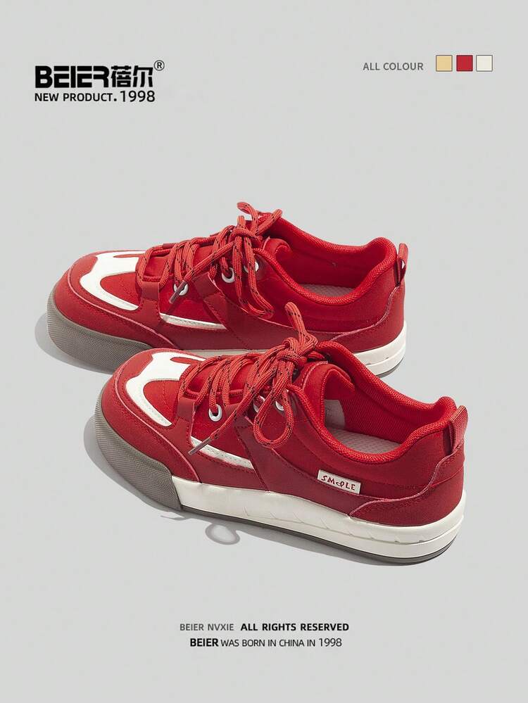 BEIER Women's Leather & Rubber Sole Casual Sneakers, Daily Wear, New Spring/Autumn Style White Shoes - Red - View 2